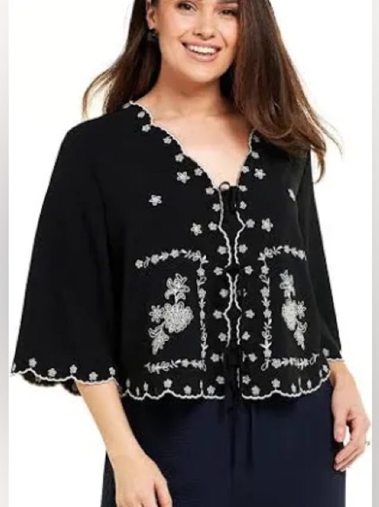 Adrianna Papell Tops - Adrianna Papell Black Top Floral Embroidery tie woven top or open cardigan